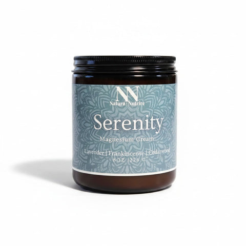 Serenity Magnesium Cream jar with teal mandala-patterned label on a white background