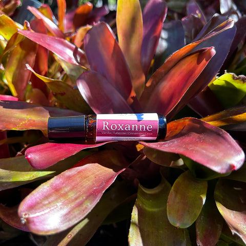 Body Oil Perfume Roxanne rollerball bottle nestled among vibrant pink and green bromeliad leaves
