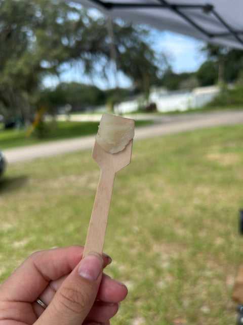 Hand holding a wooden sample spatula with a swatch of Repair & Nurture Skin Balm, outdoors on grass