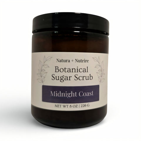 Botanical Sugar Scrub jar in Midnight Coast scent on a white background