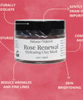 Rose Renewal Hydrating Clay Mask jar infographic listing benefits: naturally exfoliate, gently draw out impurities, combat aging, skin brightening, reduce wrinkles and fine lines, and moisturize, on a pink background