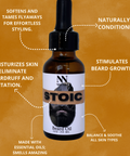 Stoic Beard Oil infographic listing benefits: softens and tames flyaways, naturally conditioning, stimulates beard growth, balance and soothe all skin types, moisturizes to eliminate beard dandruff, and made with essential oils, on an orange background