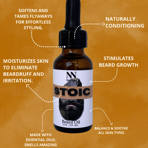 Stoic Beard Oil infographic listing benefits: softens and tames flyaways, naturally conditioning, stimulates beard growth, balance and soothe all skin types, moisturizes to eliminate beard dandruff, and made with essential oils, on an orange background
