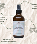 Cucumber Facial Toner infographic listing benefits: soothes and cools instantly, repairs skin barrier, boosts hydration and glow, balances and soothes all skin types, and balances oil without stripping