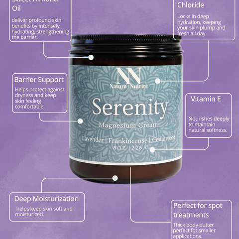 Serenity magnesium cream jar with purple background and feature text