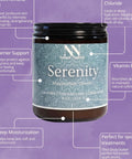 Serenity Magnesium Cream infographic listing benefits: barrier support, deep moisturization, locks in hydration, nourishes with Vitamin E, and perfect for spot treatments, on a purple background