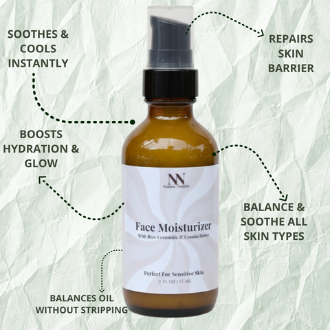 Hydrating Rice Ceramide Face Lotion infographic listing benefits: soothes and cools instantly, repairs skin barrier, boosts hydration and glow, balances and soothes all skin types, and balances oil without stripping