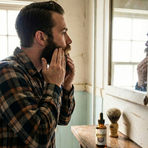Man in a plaid shirt examining his beard in front of a mirror, with a bottle of Stoic Beard Oil and a brush on a wooden shelf