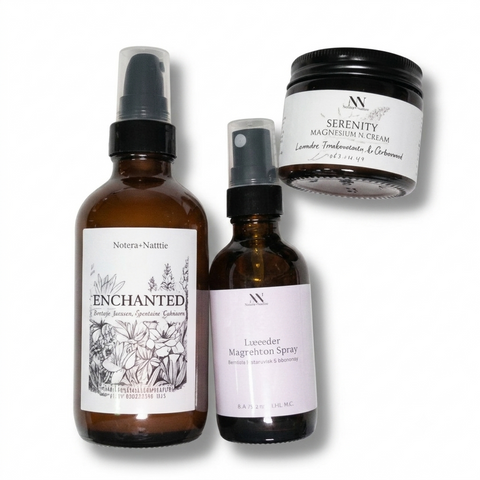 Magnesium Sampler Bundle featuring a lotion, spray, and cream in amber and white packaging on a white background