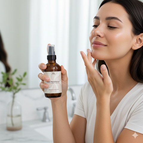 Woman applying Hydrating Rice Ceramide Face Lotion to her cheek, holding the bottle in a bathroom setting