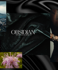 Obsidian fragrance mood board: erupting volcano, tattooed hands, black satin fabric with the Obsidian wordmark, and white and pink flowers on a dark swirled background
