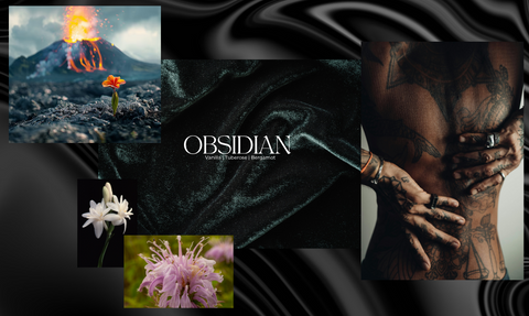Obsidian fragrance mood board: erupting volcano, tattooed hands, black satin fabric with the Obsidian wordmark, and white and pink flowers on a dark swirled background