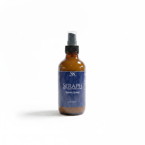 Seraph Room Spray amber glass bottle with blue label on a white background