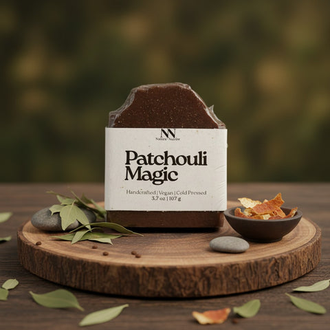 Patchouli Magic Vegan Soap bar on a wooden stand with bay leaves and dried orange peel