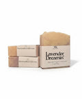 Lavender Dreamin' Handcrafted Soap bars with kraft paper labels, boxed and unboxed, on a white background
