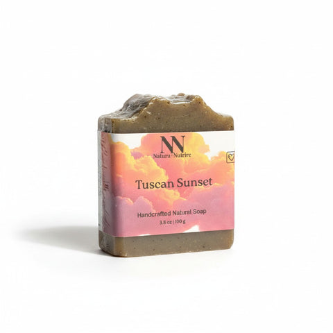 Tuscan Sunset Tallow Soap bar with sunset-toned label on a white background