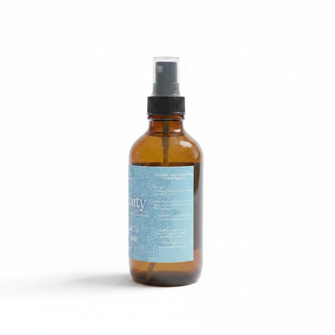Serenity Essential Oil Room Spray bottle angled view showing the blue label on a white background