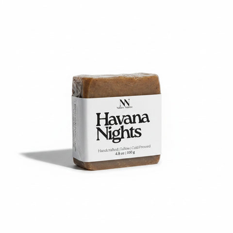Havana Nights Tallow Soap bar with kraft label on a white background