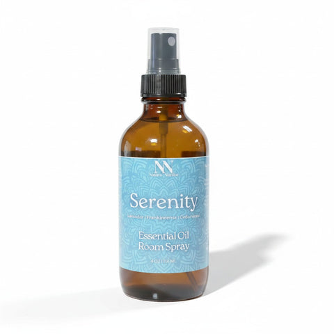 Serenity Essential Oil Room Spray bottle with soft shadow on a white background