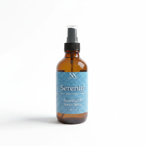 Serenity Essential Oil Room Spray bottle centered on a white background, front label view