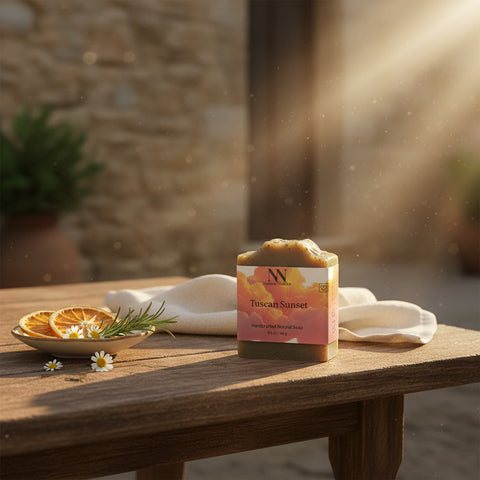 Tuscan Sunset Tallow Soap on a sunlit wooden table with dried orange slices and rosemary