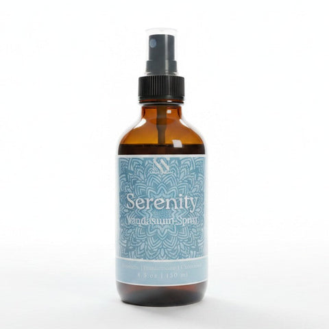 Serenity spray bottle with a blue label on a white background