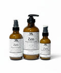 Three Zen Magnesium Lotion (Unscented) bottles - 4oz spray, 8oz pump, and 2oz spray - with white mandala-patterned labels on a white background