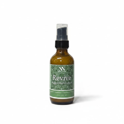 Revive Magnesium Lotion 2oz spray bottle with green mandala-patterned label on a white background