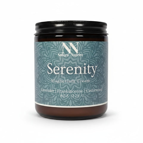 Serenity Magnesium Cream 8oz jar with teal mandala-patterned label on a white background