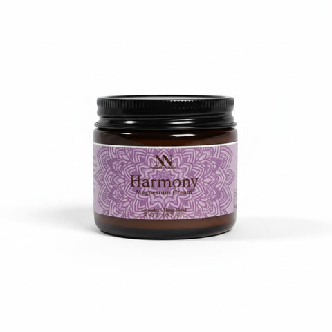 Harmony Magnesium Cream jar with purple mandala-patterned label on a white background
