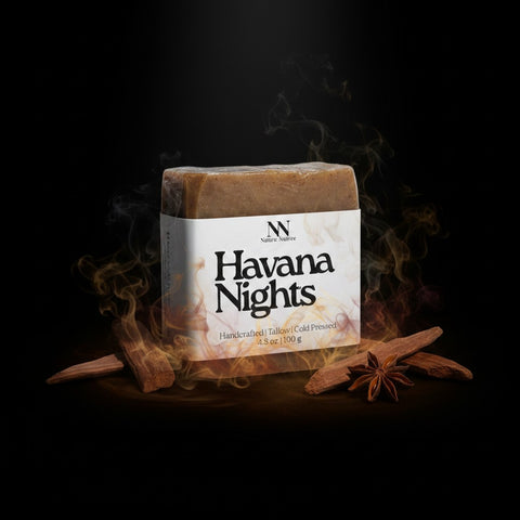 Havana Nights Tallow Soap bar with smoke and cinnamon sticks on a dark moody background