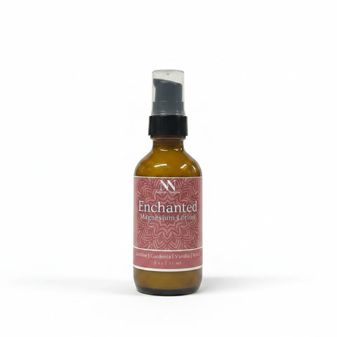 Enchanted Magnesium Lotion 2oz spray bottle with pink mandala-patterned label on a white background