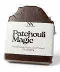 Patchouli Magic Vegan Soap bar wrapped in kraft paper label on a white background