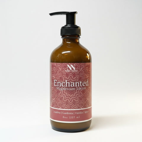 Enchanted Magnesium Lotion 8oz pump bottle with pink mandala-patterned label on a white background