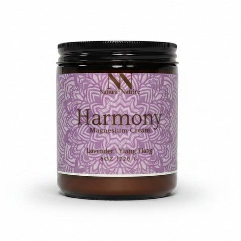 Harmony Magnesium Cream jar with purple mandala-patterned label on a white background
