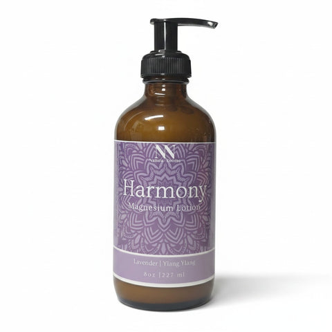 Harmony Magnesium Lotion 8oz pump bottle with purple mandala-patterned label on a white background