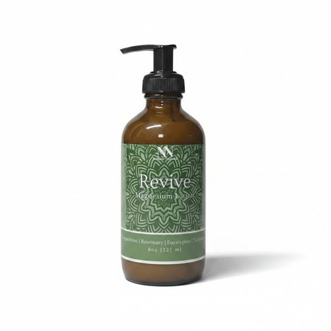 Revive Magnesium Lotion 8oz pump bottle with green mandala-patterned label on a white background