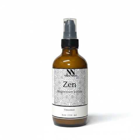 Zen Magnesium Lotion (Unscented) 4oz spray bottle with white mandala-patterned label on a white background