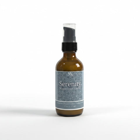 Serenity Magnesium Lotion 2oz spray bottle with teal mandala-patterned label on a white background