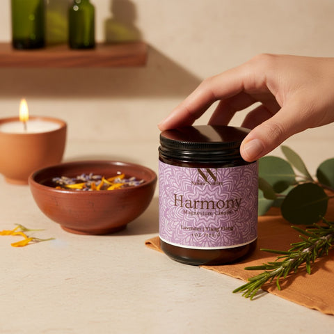 Hand opening a jar of Harmony Magnesium Cream on a beige tabletop with a lit candle, a bowl of dried lavender, and fresh rosemary sprigs