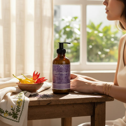Harmony Magnesium Lotion pump bottle on a wooden table with a bowl of dried flowers, a folded embroidered cloth, and a woman seated by a sunlit window