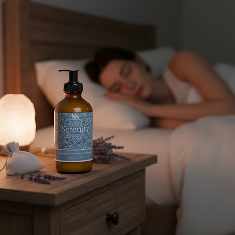 Serenity Magnesium Lotion bottle on a nightstand with an out-of-focus woman sleeping in bed, a lit Himalayan salt lamp, and sprigs of dried lavender