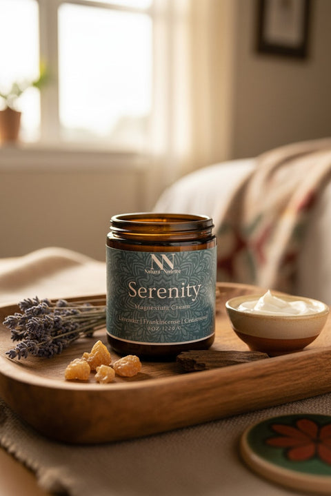 Serenity Magnesium Cream jar on a wooden tray with dried lavender and frankincense in a softly lit bedroom setting
