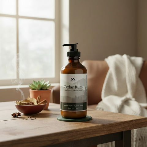 Cedar Rum Magnesium Lotion pump bottle on a wooden table with a steaming bowl of cinnamon sticks, a small succulent plant, and a cozy throw blanket by a window