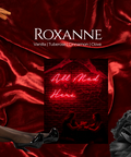 Roxanne fragrance mood board: red satin fabric with the Roxanne wordmark, tuberose and cinnamon sticks, a neon 'All Mad Here' sign, black heels, and pink and dark carnation flowers