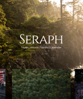 Seraph fragrance mood image: sunlit forest and rocky coastline with the Seraph wordmark, plus inset photos of chopping wood, pine branches, and a lavender field