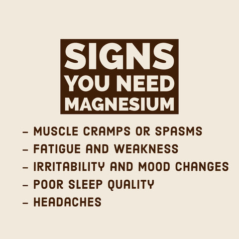 Signs You Need Magnesium infographic listing muscle cramps or spasms, fatigue and weakness, irritability and mood changes, poor sleep quality, and headaches, on a beige background
