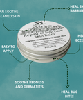 Repair & Nurture Skin Balm infographic listing benefits: heal skin barrier, heal eczema, heal bug bites, soothe redness and dermatitis, easy to apply, and can soothe inflamed skin, on a teal background