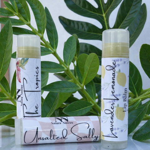 Three Olive Oil Lip Balm tubes - The Tropics, Lavender Lemonade, and Unsalted Sally - standing and lying in front of green leaves