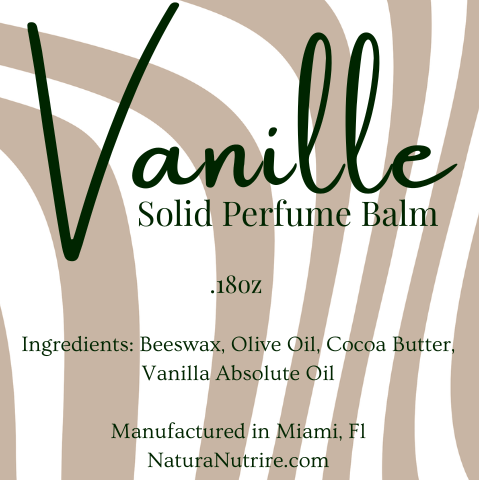 Natura Nutrire Vanille Solid Perfume Balm packaging with product details.